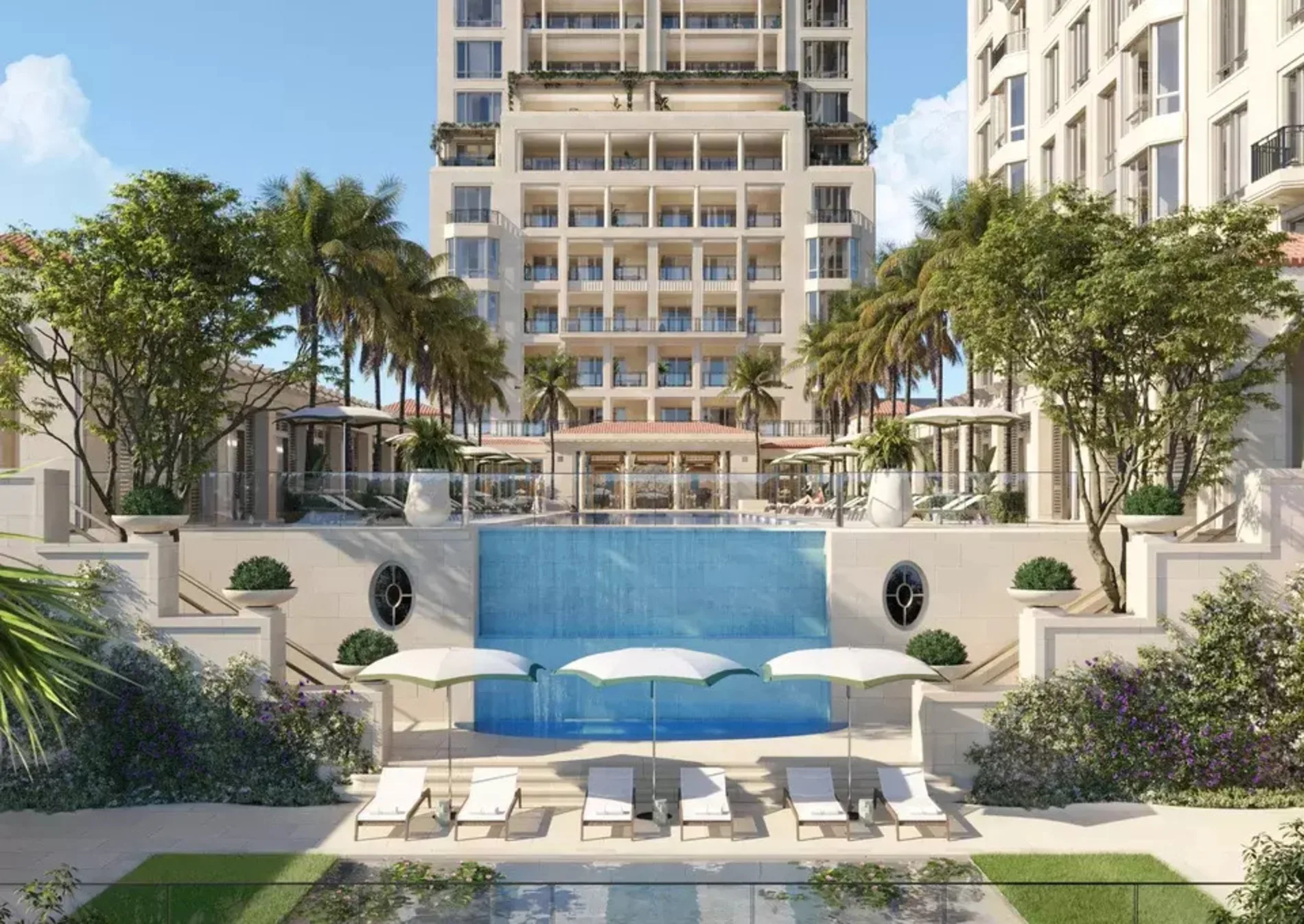 Aerial view of the South Flagler House luxury twin towers in West Palm Beach, showcasing waterfront location and skyline transformation led by Steve Ross